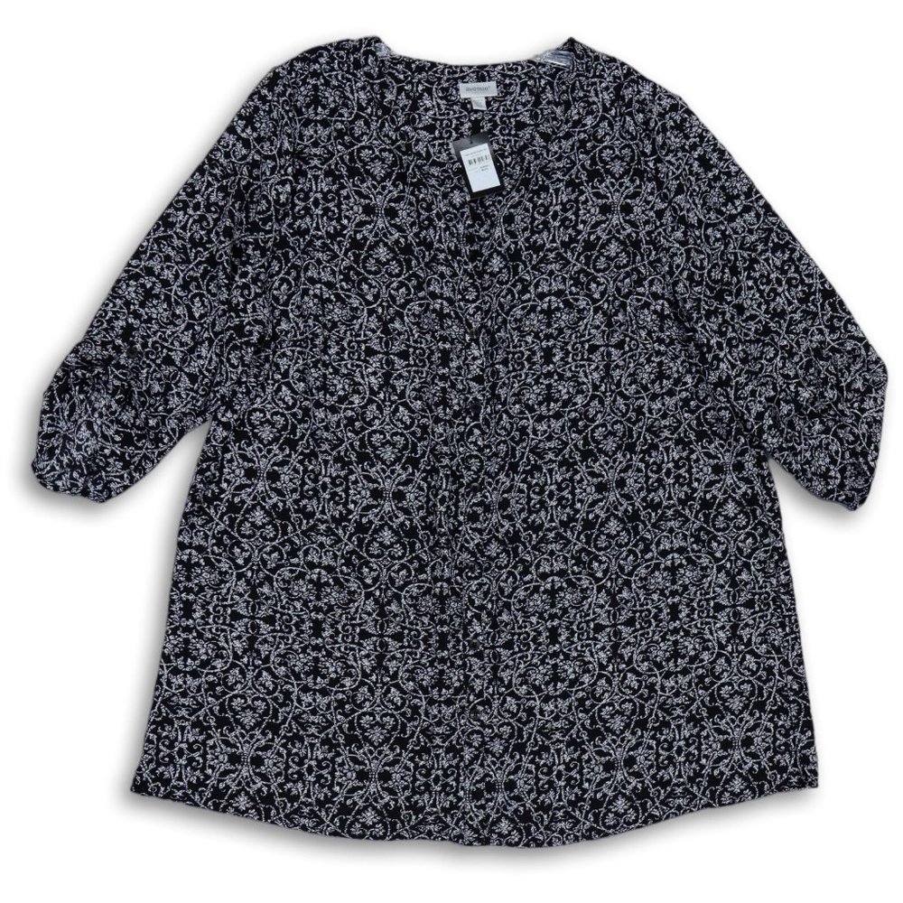 NWT AVENUE BUTTON FRONT SCROLL‎ PRINT ROLL-TAB SLEEVE TUNIC BLACK/WHITE 18/20